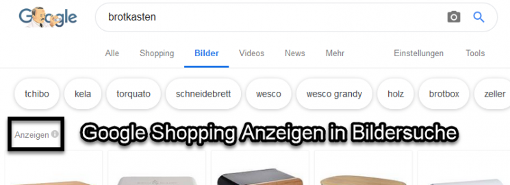 Screenshot von Suchergebnissen aus der Bildersuche zum Thema Brotkasten: Die erste Bilderreihe besteht aus Anzeigen